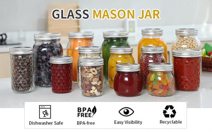 Thiết kế tùy chỉnh 8 oz 16 oz Thùng lưu trữ thực phẩm Glass Mason Jar với nắp 0