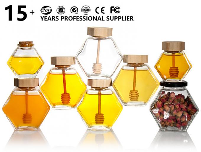 Hexagon mỏng trong suốt lưu trữ thực phẩm kích cỡ khác nhau thủy tinh mật lá với nắp kim loại niêm phong 0