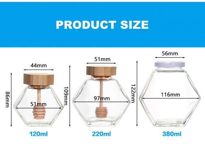 Hexagon mỏng trong suốt lưu trữ thực phẩm kích cỡ khác nhau thủy tinh mật lá với nắp kim loại niêm phong 1