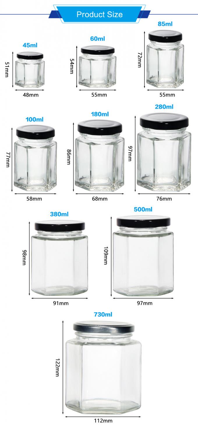 300ml 200ml 100ml bán buôn Hexagon Glass Mason Jar Jam Jar Honey Jar With Metal Screw Lid 1