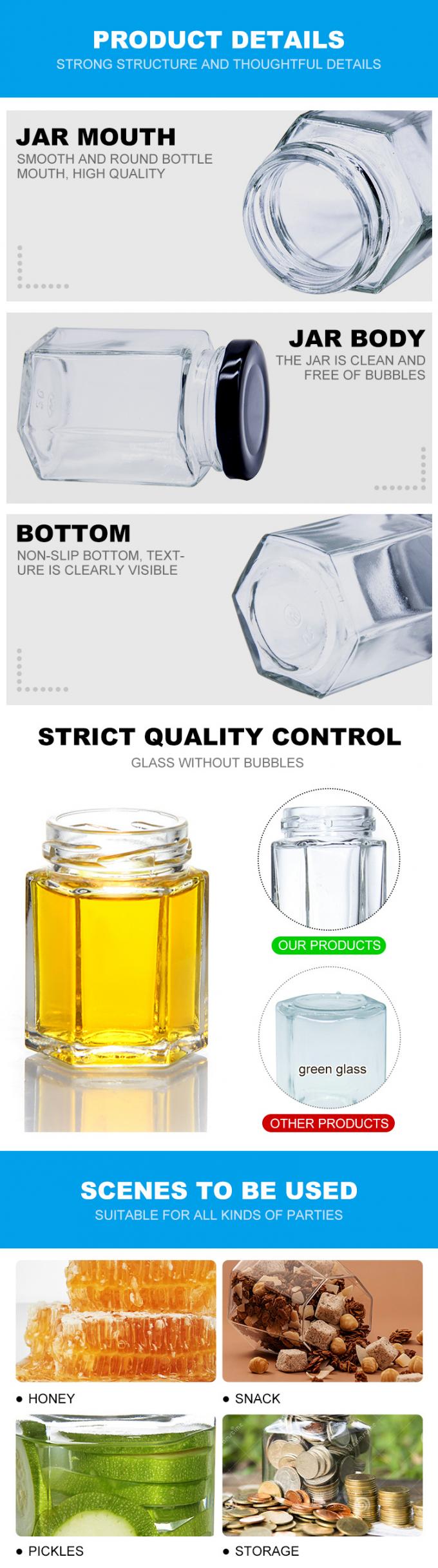 300ml 200ml 100ml bán buôn Hexagon Glass Mason Jar Jam Jar Honey Jar With Metal Screw Lid 2