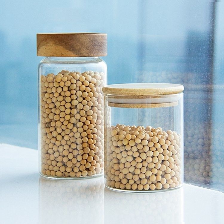 Tự nhiên thân thiện với môi trường Cao Borosilicate Thực phẩm Không thấm bếp Thùng chứa thủy tinh với nắp gỗ tre