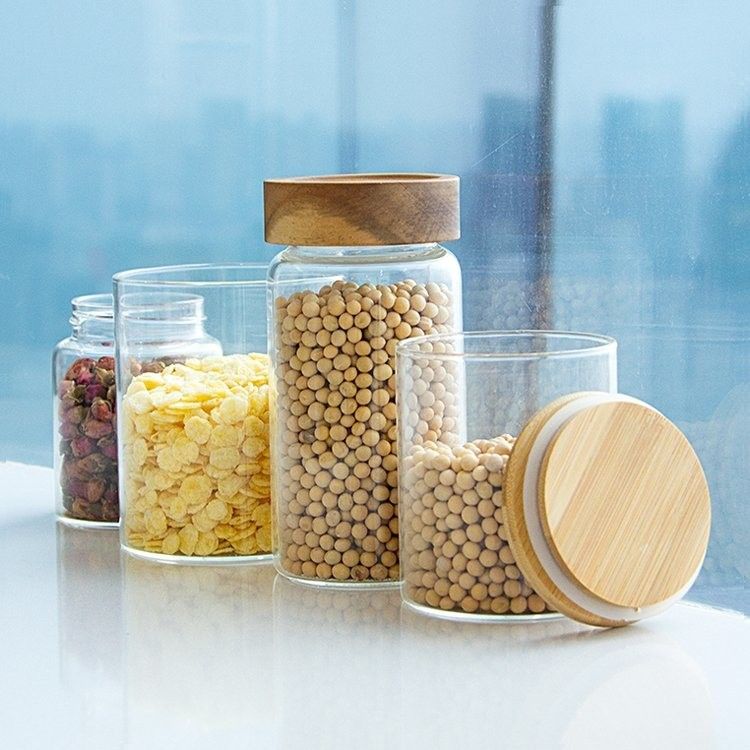 Tự nhiên thân thiện với môi trường Cao Borosilicate Thực phẩm Không thấm bếp Thùng chứa thủy tinh với nắp gỗ tre