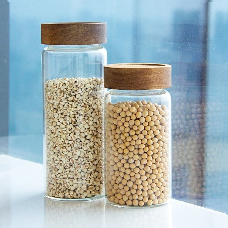 Tự nhiên thân thiện với môi trường Cao Borosilicate Thực phẩm Không thấm bếp Thùng chứa thủy tinh với nắp gỗ tre