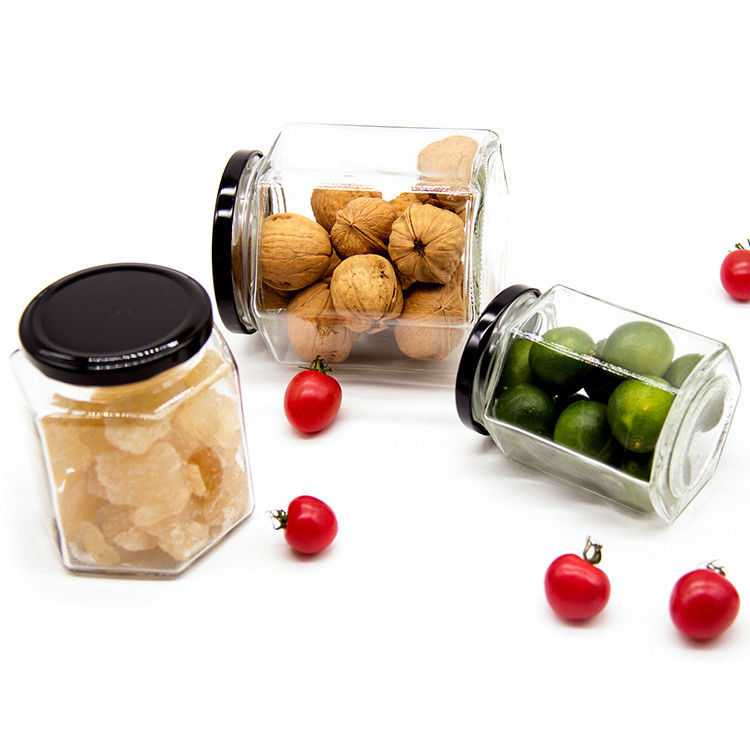 Nhãn hiệu tùy chỉnh 100 ml 180 ml 280 ml 380 ml Lưu trữ nước sốt kẹo chai thủy tinh Hình lục giác thủy tinh mật ong bình