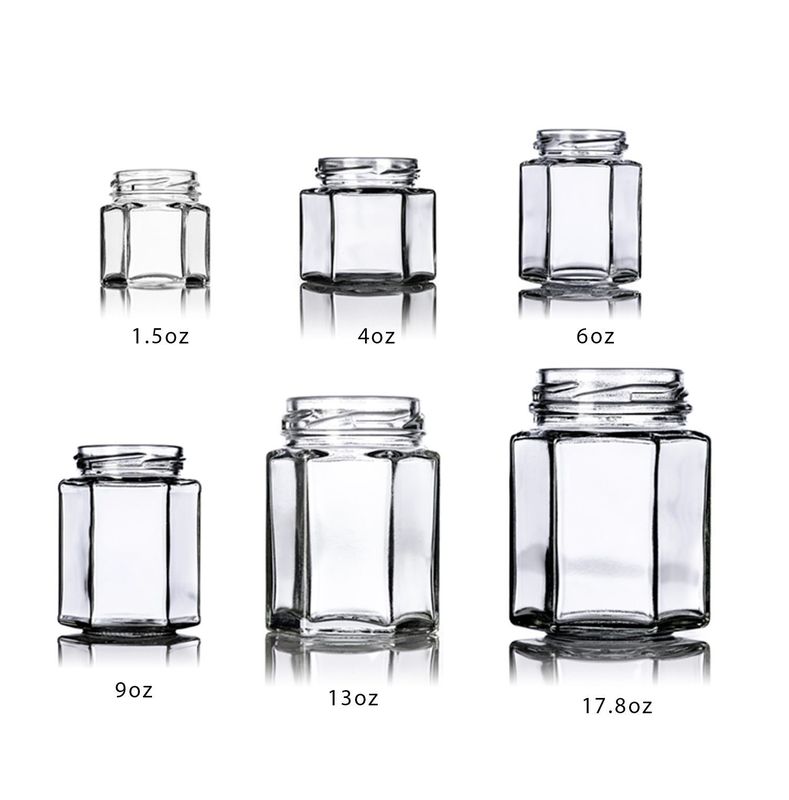 Nhãn hiệu tùy chỉnh 100 ml 180 ml 280 ml 380 ml Lưu trữ nước sốt kẹo chai thủy tinh Hình lục giác thủy tinh mật ong bình