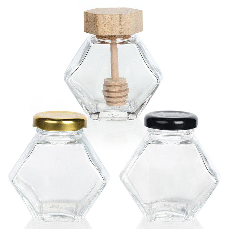 Hexagon mỏng trong suốt lưu trữ thực phẩm kích cỡ khác nhau thủy tinh mật lá với nắp kim loại niêm phong