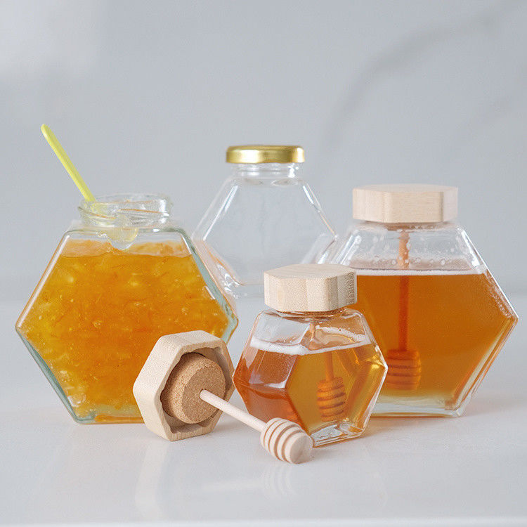 Hexagon mỏng trong suốt lưu trữ thực phẩm kích cỡ khác nhau thủy tinh mật lá với nắp kim loại niêm phong