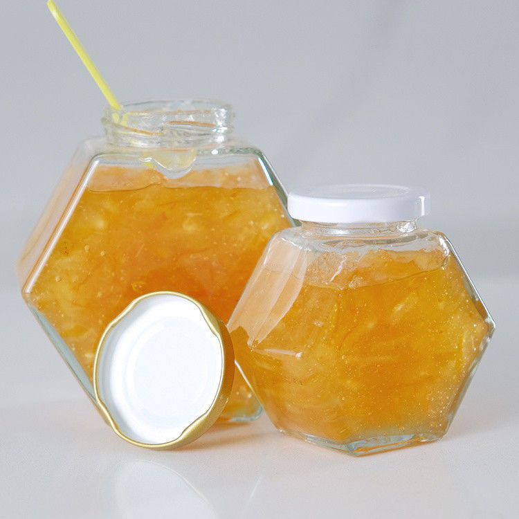 Hexagon mỏng trong suốt lưu trữ thực phẩm kích cỡ khác nhau thủy tinh mật lá với nắp kim loại niêm phong