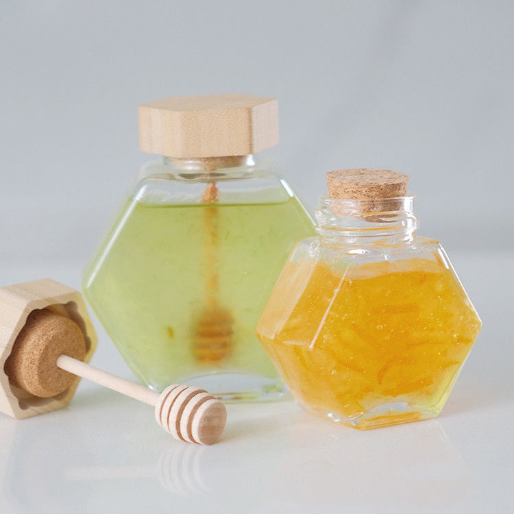Hexagon mỏng trong suốt lưu trữ thực phẩm kích cỡ khác nhau thủy tinh mật lá với nắp kim loại niêm phong