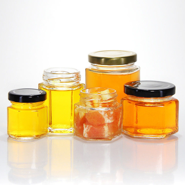 300ml 200ml 100ml bán buôn Hexagon Glass Mason Jar Jam Jar Honey Jar With Metal Screw Lid