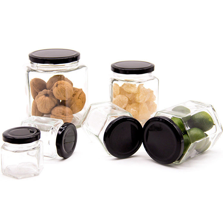 300ml 200ml 100ml bán buôn Hexagon Glass Mason Jar Jam Jar Honey Jar With Metal Screw Lid