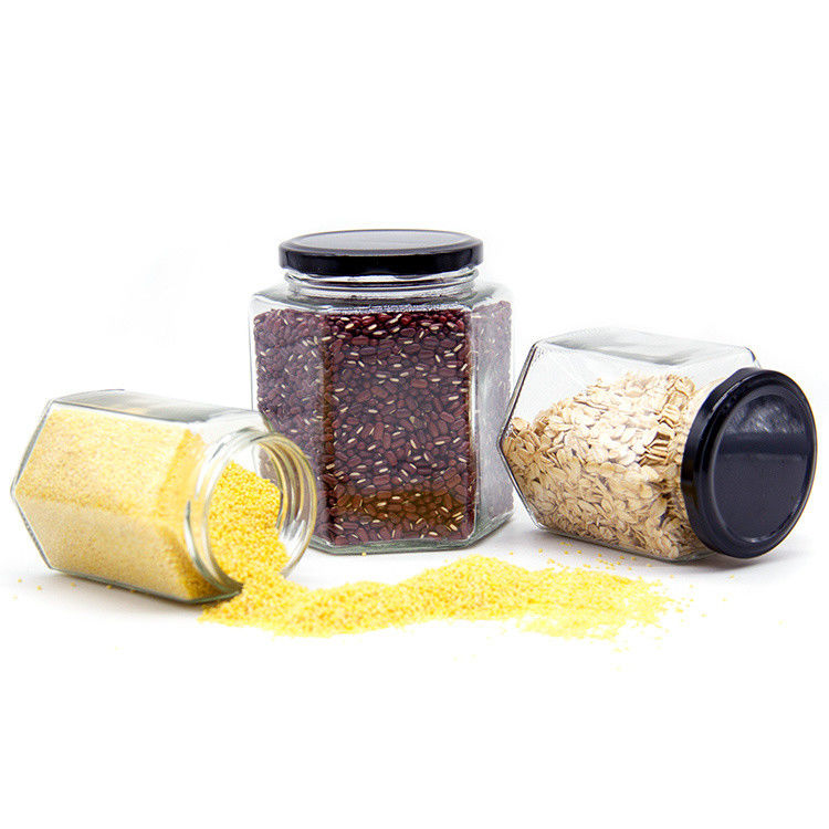 300ml 200ml 100ml bán buôn Hexagon Glass Mason Jar Jam Jar Honey Jar With Metal Screw Lid