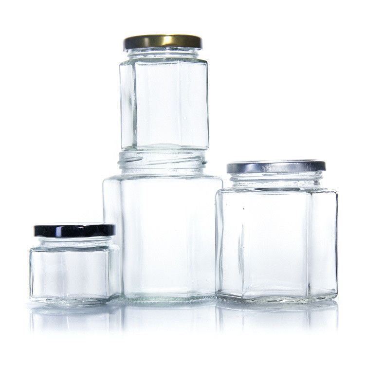 300ml 200ml 100ml bán buôn Hexagon Glass Mason Jar Jam Jar Honey Jar With Metal Screw Lid