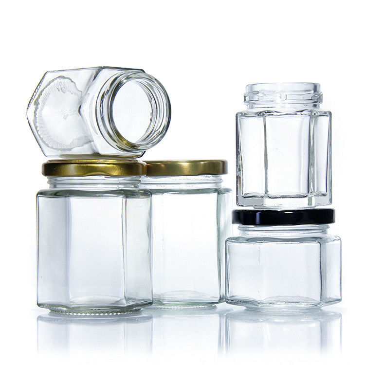 Các kích cỡ khác nhau trong suốt đóng kín kho chứa rỗng Hexagon Glass Jar cho nhà bếp