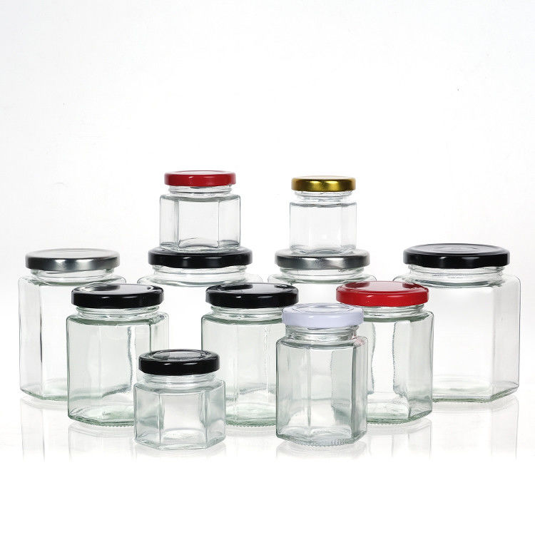 chai mật ong rỗng thủy tinh Mini Hexagonal mật ong bình 500ml 380ml 180ml 90ml 45ml với nắp
