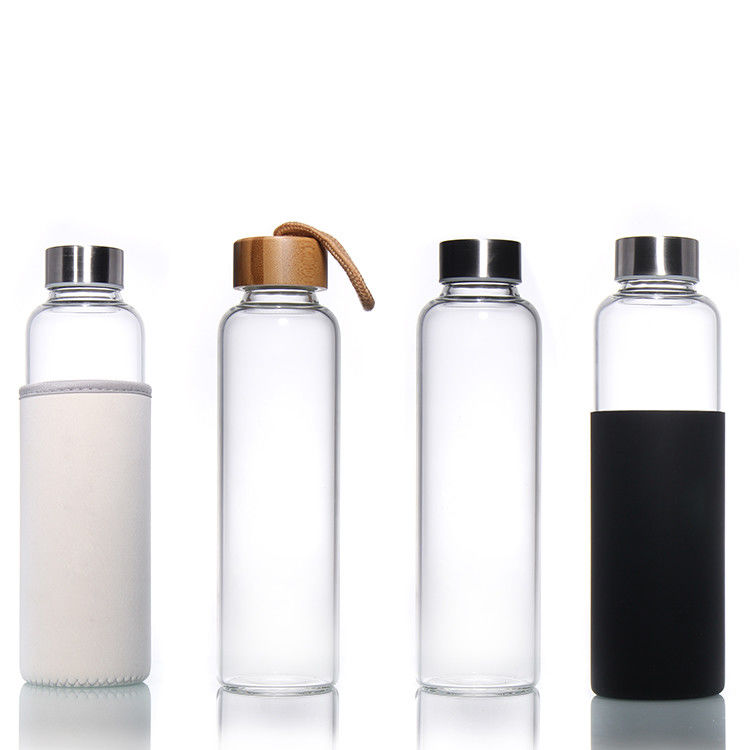 Ngoài trời 35ml 500ml vòng thể thao cao borosilicate chai thủy tinh nước với tay áo silicone